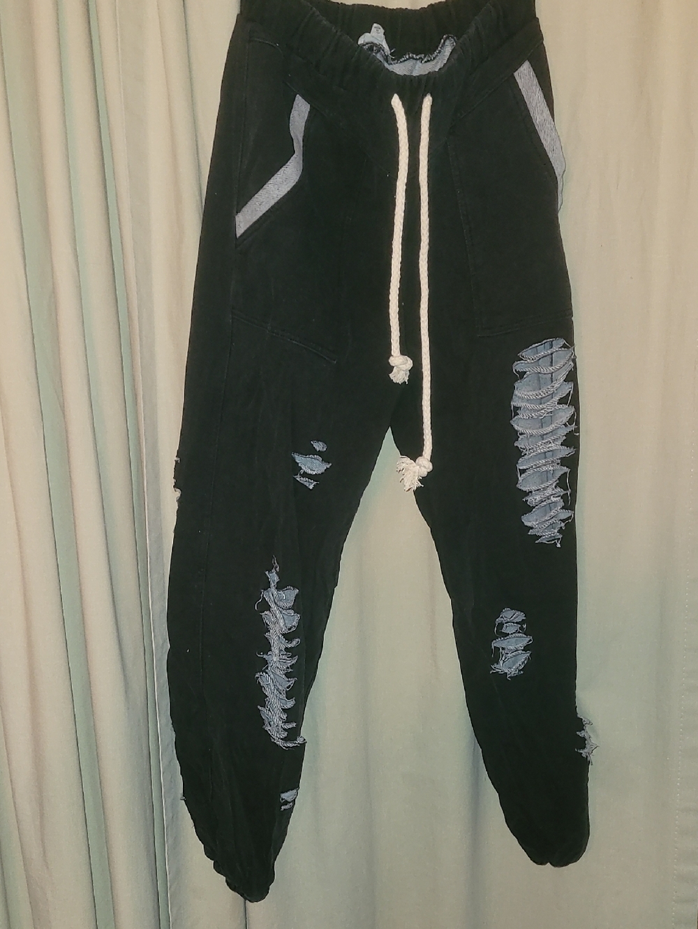 POL Black Distressed Terry Cloth Jogger Pants with Light Denim Patch Details